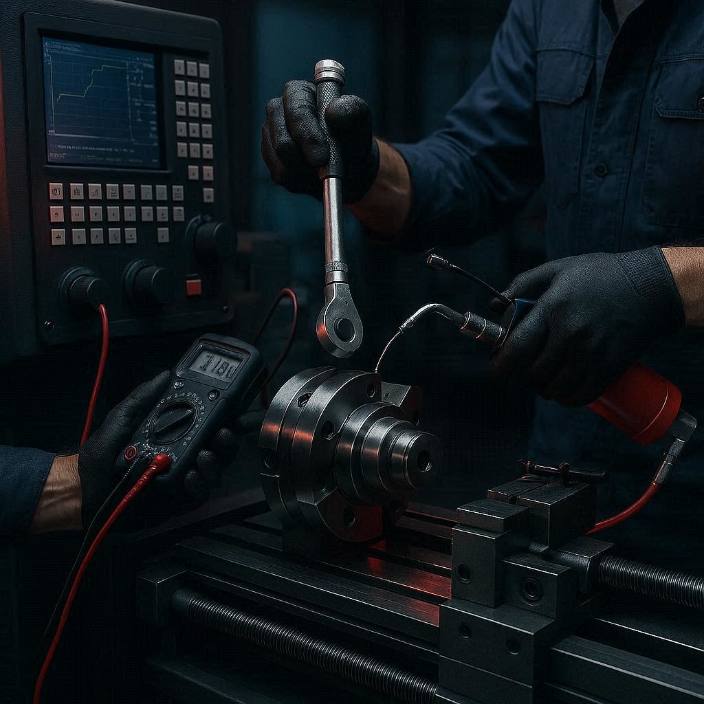 Technicien AC RIS effectuant une maintenance préventive sur machines-outils industrielles